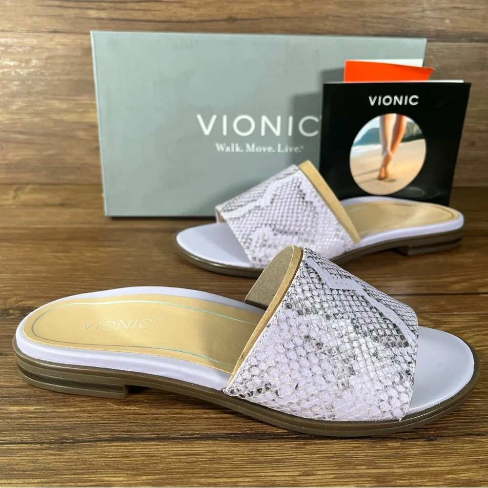 VIONIC Demi Purple Leather Slides Sandals Slip-On Shoes Snakeskin Women’s NEW